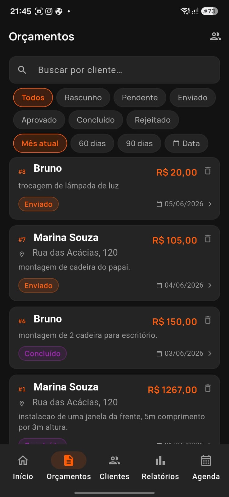 Lista de orçamentos com status enviado e concluído
